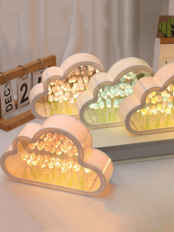 1 pieza Luz nocturna en forma de tulipán de nube, 20 tulipanes, hecho a mano DIY, diseño de espejo de nube, alimentado por batería, luz de ambiente floral DIY, para sala de estar, dormitorio, escritorio y decoración del hogar, decoración de oficina y sala de juegos, decoración de dormitorio de niña, regalo para novia, decoración de boda, fiesta de festival, hermoso regalo hecho a mano