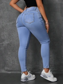 Vaqueros ajustados y rotos de tiro alto - Azul - Ver 2