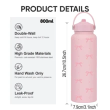 HILAKE 1 pezzo Bottiglia d'acqua isolata da 800ml/1000ml con motivo a fiocco - Stoviglie durevoli e riutilizzabili ideali per l'idratazione estiva, borraccia estetica vintage Y2K per bevande calde e fredde - Perfetta per avventure all'aperto, picnic, sport, campeggio e uso in ufficio