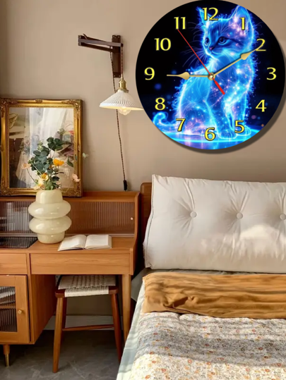 Pc 10 Inch/12 Inch Glowing Cat Wooden Wand Clock, Charming Quiet Bold Roman Numerals, Perfect Bedroom Lover Lovers, Battery Operated (AA), ative Whimsical Artwork, Room Klok Dormitory Back To School Surprise Home Supplies view 6