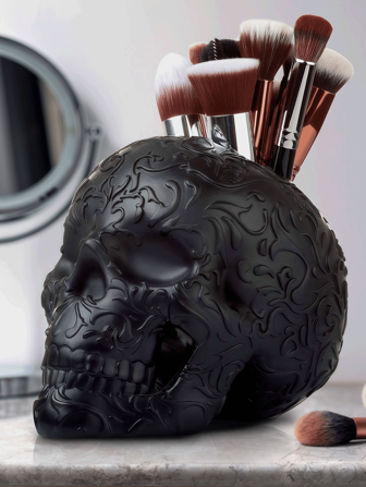 Hållare för sminkborste och pennkopp med dödskalle, lämplig för sminkbord, skrivbord, kontorsförvaring, kan även användas som Halloween-godiskål eller gotisk dekoration