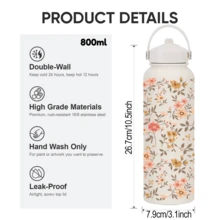 HILAKE 1 个 800 毫升花卉保温水瓶，带手柄和吸管 - 非常适合办公室补水、户外探险、简约旅行水壶、徒步旅行和露营 - 送给家人和朋友的理想礼物，返校季 - 彩色 - 查看 3