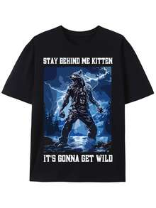 [Sporty T-Shirt]Stay Behind Me Kitten Cringy Werewolf Meme Cringe Alpha Wolf T-Shirt |   Relaxed Fit |   Plus Size - 黑色 - 查看 6