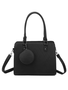 Quilted Satchel Bag With 3 Compartments And Removable Coin Purse Simple Minimalist Stylish For Work And College - 黑色 - 查看 1