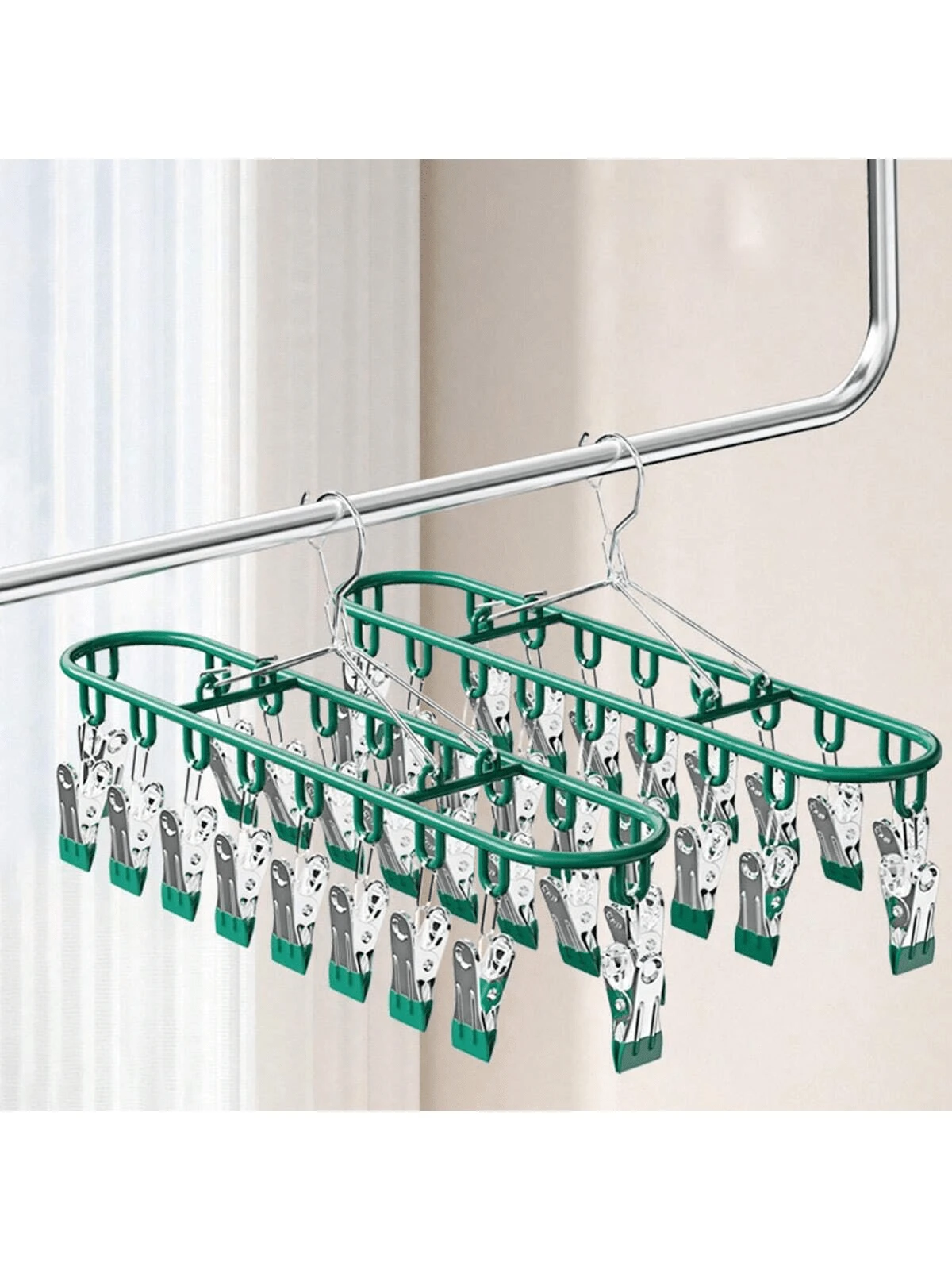 1pc Stainless Steel Sock Clip With 10-20 Clips, Balcony Drying Rack, Multi-Clip Stainless Steel Anti-Wind Anti-Slip Underwear Clothes Drying Rack Clothespins