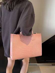 Túi xách thời trang họa tiết da cá sấu có khóa kéo, sức chứa lớn thích hợp sử dụng hàng ngày, công tác, du lịch, ngoài trời, gia đình, phòng ngủ, trở lại trường, túi mua sắm cho học sinh Unisex - Hồng - Xem 4