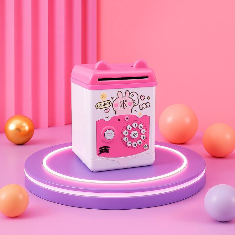Caja Fuerte Electrónica en Forma de Cajero Automático, Ranura para Billetes, Teclado Numérico y Sonidos Divertidos, Ideal para Fomentar el Ahorro. - Rosa - Añade 1