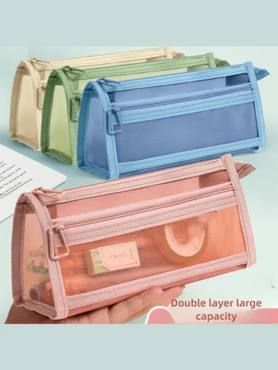 Morandi Plaid Mesh Pencil Bag With Handle And Zipper Transparent Double Layer Pencil Bag, Travel Cosmetic Bag, Cute Transparent Stationery Storage Bag For Adult Office College.Transparent Pencil Case Pen Bag Mild Color Flexible Pen Holder Easy Pick-Up Pocket Storage Pouch For Stationery School.