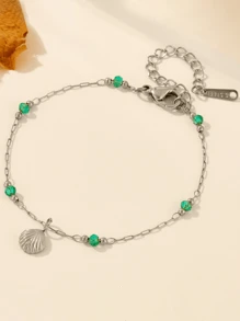 1pc 18K Gold Plated Stainless Steel Anklet With Seashells And Emerald Beads, Hypoallergenic Beach Vacation Jewelry For Women, Suitable For Women To Wear In Daily Life Or On Vacation, Or As A Gift For Valentine's Day Valentines,Mom,Mother,Mother's Day,Gift.