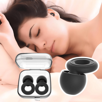 睡眠耳塞，带收纳盒和替换耳塞套，硅胶材质，睡眠舒适，适用于卧室、办公室、飞机、午睡等场合，配有收纳盒和不同尺寸的替换耳塞套，男女通用，可重复使用。