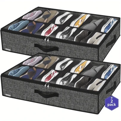 Sturdy Under Bed Shoe Storage Organizer, Set Of1/ 2, Fits Total 12/24 Pairs, Underbed Shoes Closet Storage Solution With Clear Window, Breathable, 29.3"X23.6"X5.9", Under-Bed Storage
