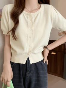 女式纯色前扣短袖开衫，夏季 - 杏色 - 查看 4