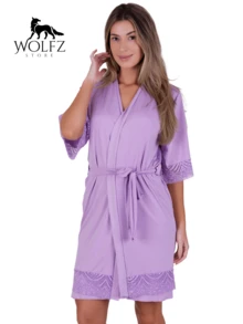 Women's Robe With Lace Details, Elegant And Comfortable Kimono Style - Màu Lilac Tím - Xem 1