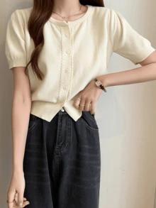 女式纯色前扣短袖开衫，夏季 - 杏色 - 查看 3