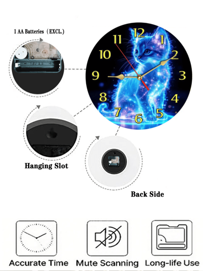 Pc 10 Inch/12 Inch Glowing Cat Wooden Wand Clock, Charming Quiet Bold Roman Numerals, Perfect Bedroom Lover Lovers, Battery Operated (AA), ative Whimsical Artwork, Room Klok Dormitory Back To School Surprise Home Supplies view 8