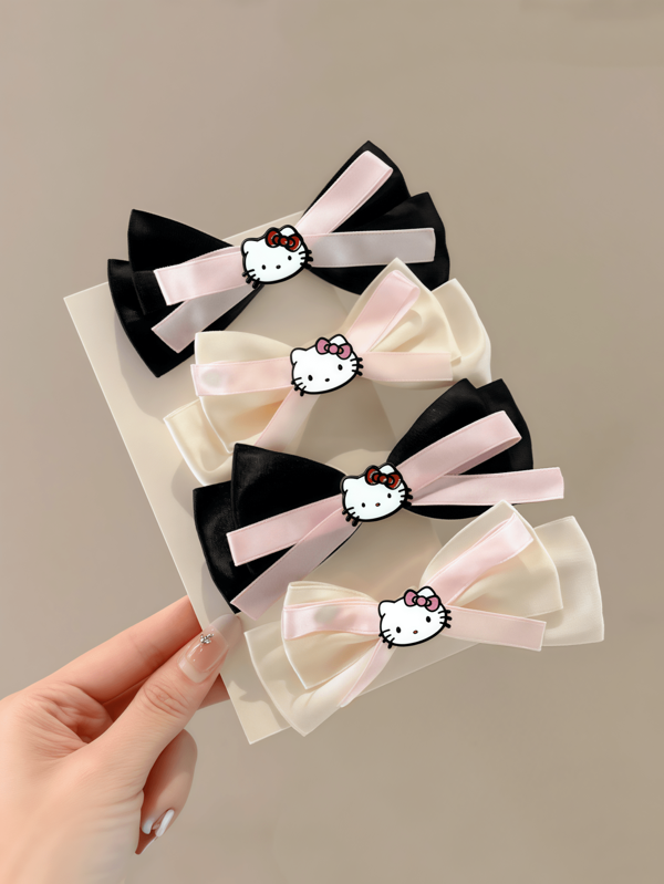 Sanrio 2pcs/4pcs Sanrio Hello Kitty Sweet And Stylish Large Bowknot Hair Clips, Available In White And Black -- This Cute Fabric Hair Accessory Is Suitable For Women And Girls To Wear, And Is Perfect For Daily Casual Wear Or Vacation.