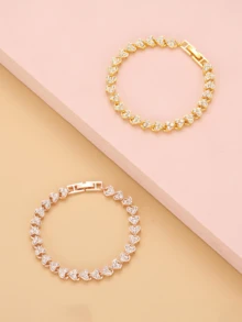 2 Colors Bestselling Diamond Plated Gold/Silver Heart Shaped Bracelet, Fashion Crystal Cuff Bangle Jewelry For Girls - one-size - View 2