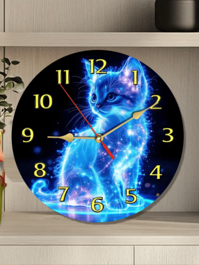 Pc 10 Inch/12 Inch Glowing Cat Wooden Wand Clock, Charming Quiet Bold Roman Numerals, Perfect Bedroom Lover Lovers, Battery Operated (AA), ative Whimsical Artwork, Room Klok Dormitory Back To School Surprise Home Supplies view 2