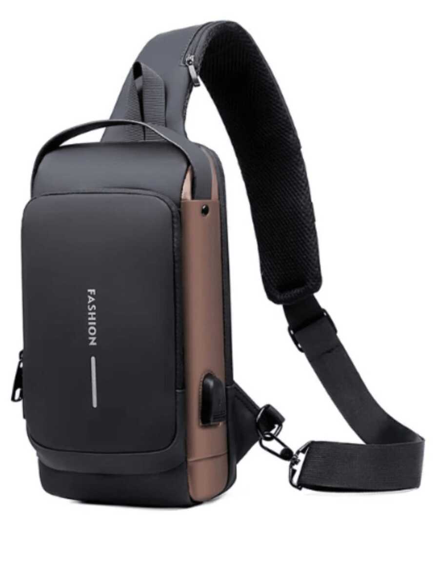 Compact Single-Sided Crossbody Shoulder Backpack USB Code Lock Waterproof - 黑色與青銅色 - 查看 1
