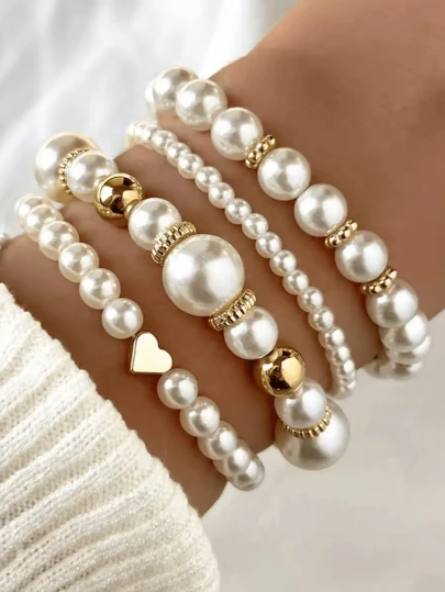4pcs Set Elegant Vintage Style ABS Faux Pearl Beaded Bracelet Set