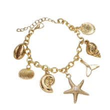 1 件 18K 镀金合金海星、贝壳、美人鱼吊坠手链，时尚，适合日常佩戴和度假
