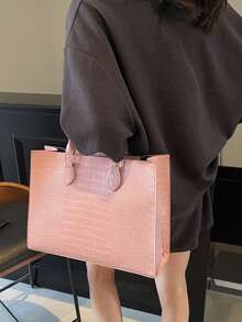 Túi xách thời trang họa tiết da cá sấu có khóa kéo, sức chứa lớn thích hợp sử dụng hàng ngày, công tác, du lịch, ngoài trời, gia đình, phòng ngủ, trở lại trường, túi mua sắm cho học sinh Unisex - Hồng - Xem 3