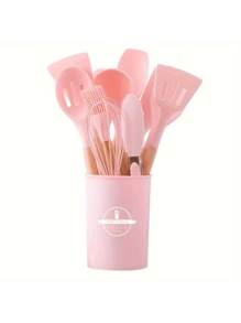 1 set de 12 pièces d'ustensiles de cuisine en silicone avec manches en bois, spatules et louches antiadhésives. Set d'ustensiles de cuisine avec support