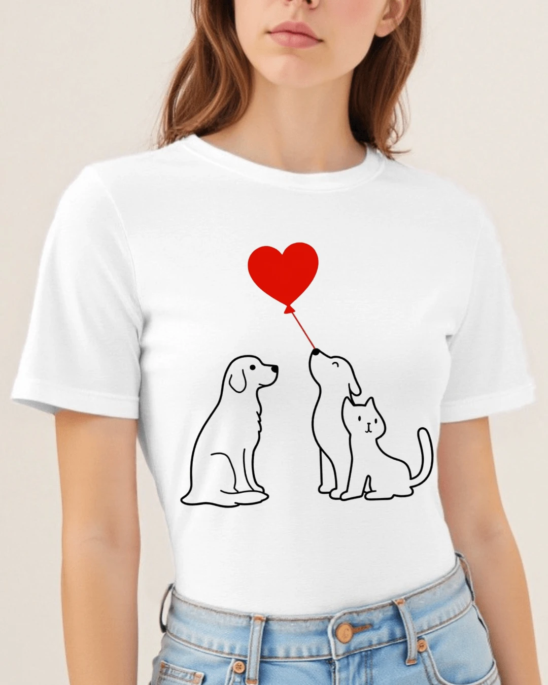 Camiseta Mujer Playera con Estampado frontal blusas gráficas Print enfrente | perros gato corazón amor familia perrijos gatijo frente - Blanco - Ver 1