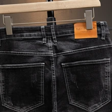 Men'S Slim Fit Stretch Jeans - Black, Slimming Denim Pants With Raw Hem & Button Detail, Versatile For All Seasons, Everyday Basics, Versatile Jeans | Distressed Denim | Rugged Denim Fabri