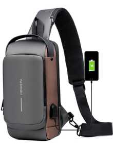Compact Single-Sided Crossbody Shoulder Backpack USB Code Lock Waterproof - 灰色與青銅色 - 查看 1