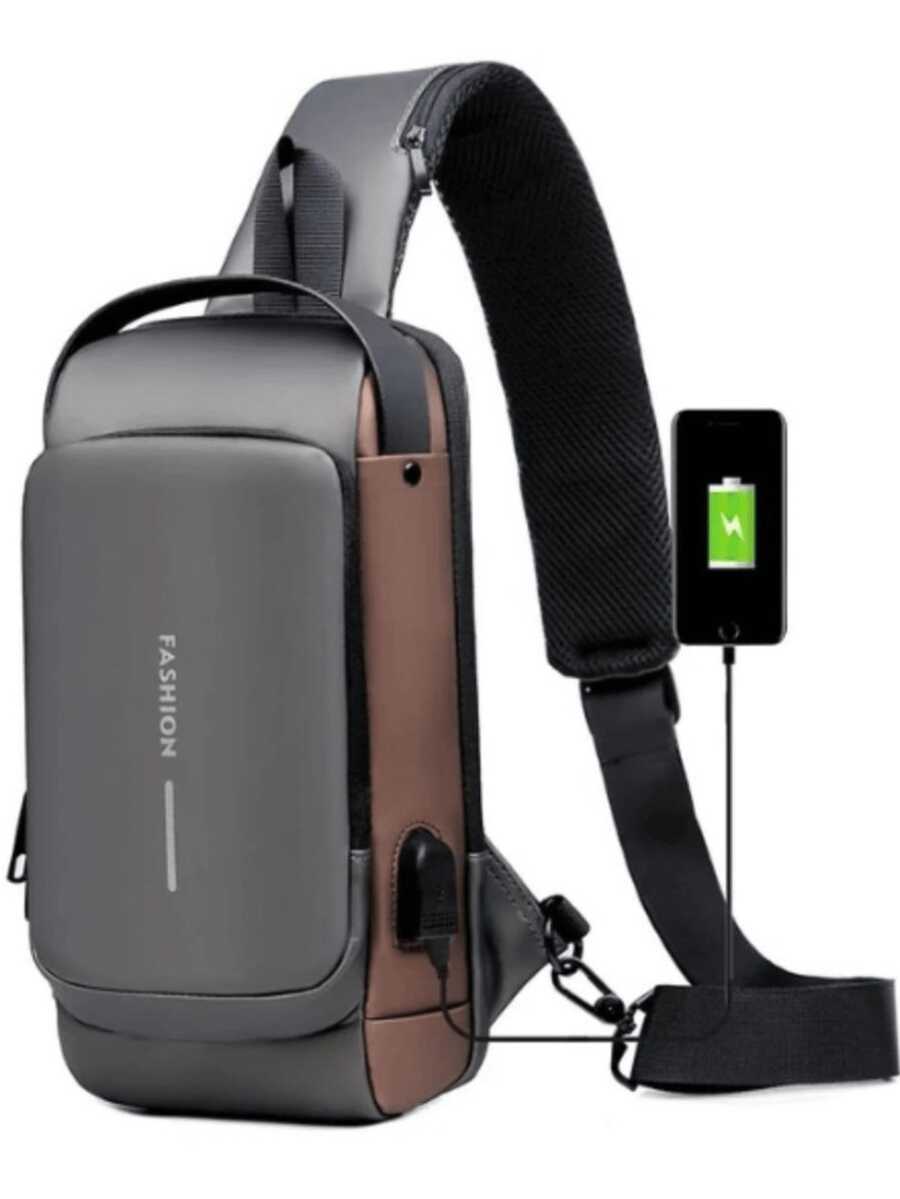 Compact Single-Sided Crossbody Shoulder Backpack USB Code Lock Waterproof - 灰色與青銅色 - 查看 1