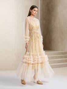 优雅拼接亮片和网眼拼接连衣裙，适合秋季正式晚会和日常穿着，女士派对服装