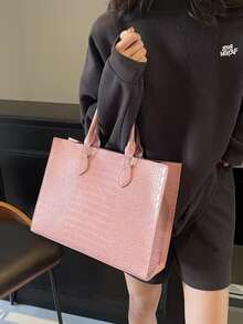 Túi xách thời trang họa tiết da cá sấu có khóa kéo, sức chứa lớn thích hợp sử dụng hàng ngày, công tác, du lịch, ngoài trời, gia đình, phòng ngủ, trở lại trường, túi mua sắm cho học sinh Unisex - Hồng - Xem 2