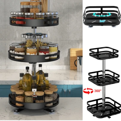 Lislark 3 Tier 360° Rotating Spice Rack Steel Kitchen Seasoning Organizer Djustable Height For Stable Support