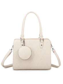 Quilted Satchel Bag With 3 Compartments And Removable Coin Purse Simple Minimalist Stylish For Work And College - 象牙色 - 查看 1