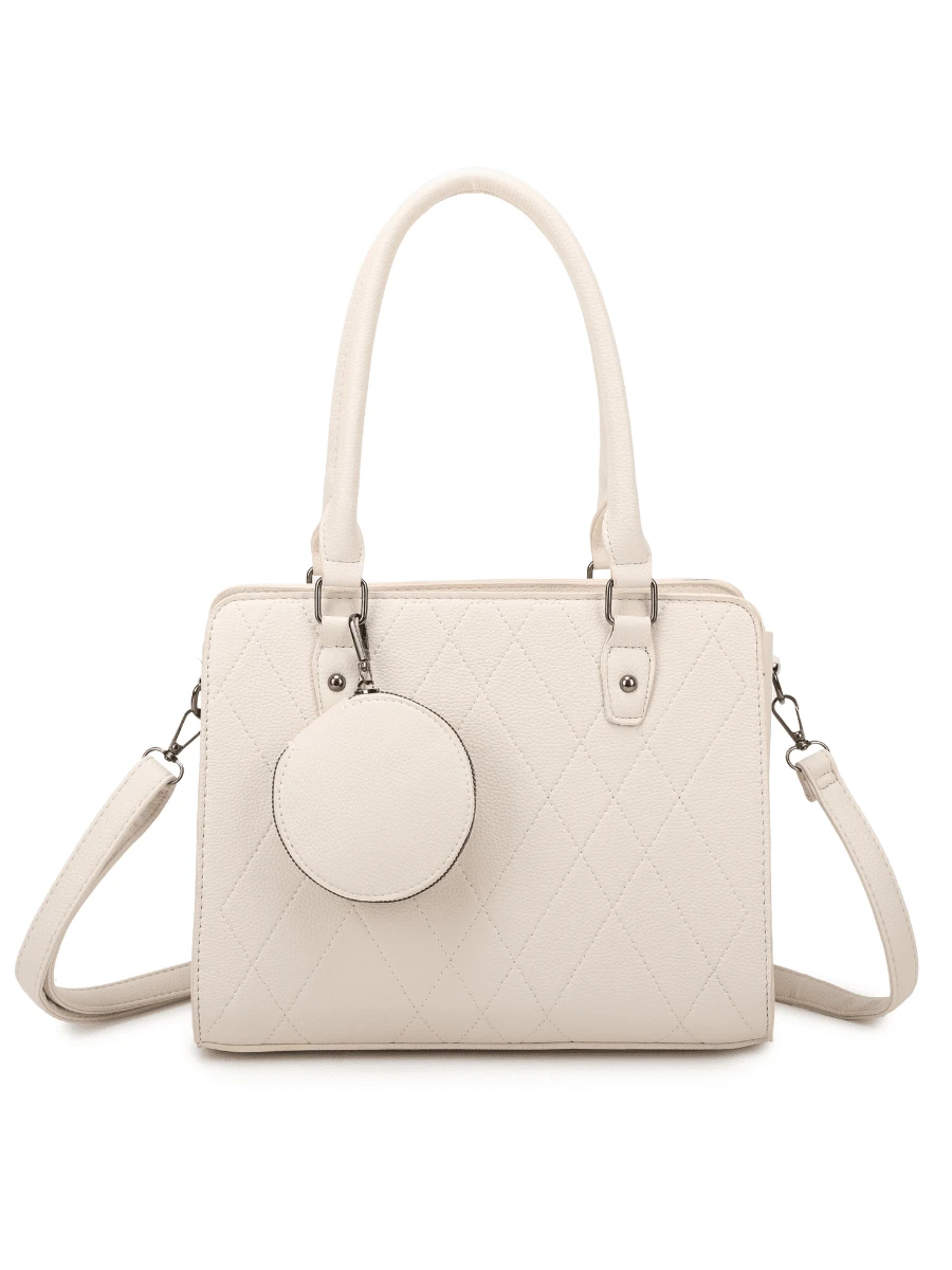 Quilted Satchel Bag With 3 Compartments And Removable Coin Purse Simple Minimalist Stylish For Work And College - 象牙色 - 查看 1