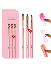 3 فرش برسم الأظافر بلون وردي فاخر من البلورات - أدوات مانيكير عالية الجودة ذات مقابض طويلة للأظافر الاكريليك الاحترافية | عبوة هدية أنيقة