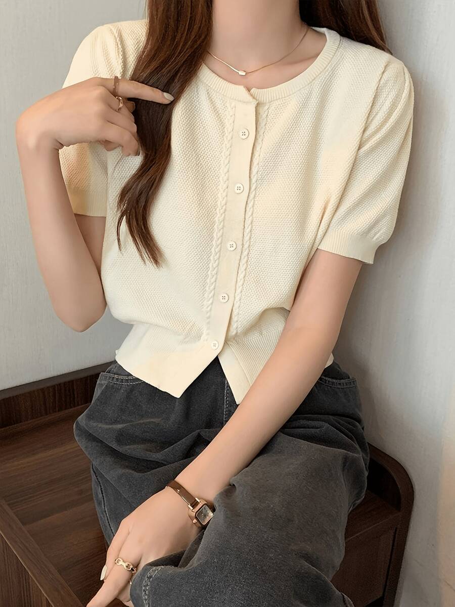 女式纯色前扣短袖开衫，夏季