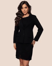 Women's Elegant Formal Blazer And Dress Set REF:Valentina Knitted Fabric Pocket Fake Pockets Buttons On The Front Office - 黑色 - 查看 3