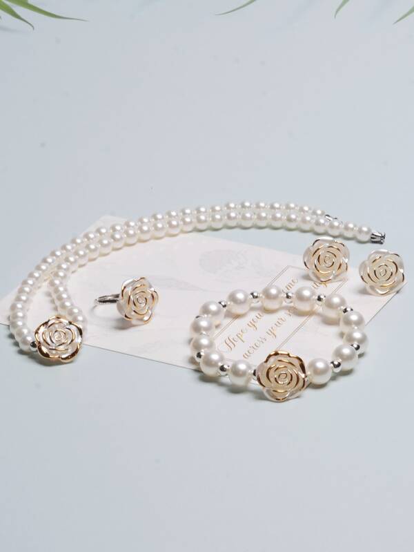 1 Set Classic Vintage Style Elegant Rose Beaded Necklace, Bracelet, Earrings, Ring Jewelry Set, Suitable For Party, Formal Event, Daily Wear, Youthful Girl, Noble Lady