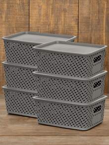 6/4/2Pcs Modern Stacked Plastic Storage Box With Lid, High-Quality Rectangular Organizing Box, Suitable For Shelves, Drawers, Wardrobes, Game Rooms, Classrooms And Offices - Multi-Functional Home Storage Box, Natural Touch Design, Perforated Design - White - View 1