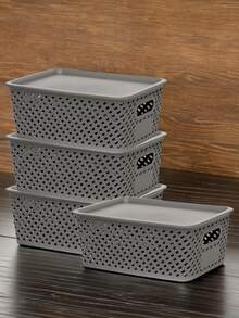 6/4/2Pcs Stackable Plastic Storage Boxes With LIDS - Durable Grey Organization Baskets, Suitable For Home, Office And Classroom - Multi-Functional Shelf Boxes, Home Organizing, Stackable Boxes - màu đen - Xem 3