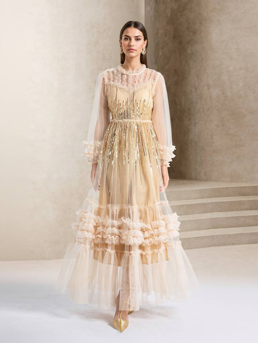 优雅拼接亮片和网眼拼接连衣裙，适合秋季正式晚会和日常穿着，女士派对服装