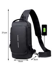 Compact Single-Sided Crossbody Shoulder Backpack USB Code Lock Waterproof - 黑色 - 查看 4