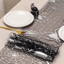1/2pcs Halloween Black Spider Web 11*108inch Spider Thin Net Party Decor Table Cloth, Suitable For Halloween Family Gathering Decoration