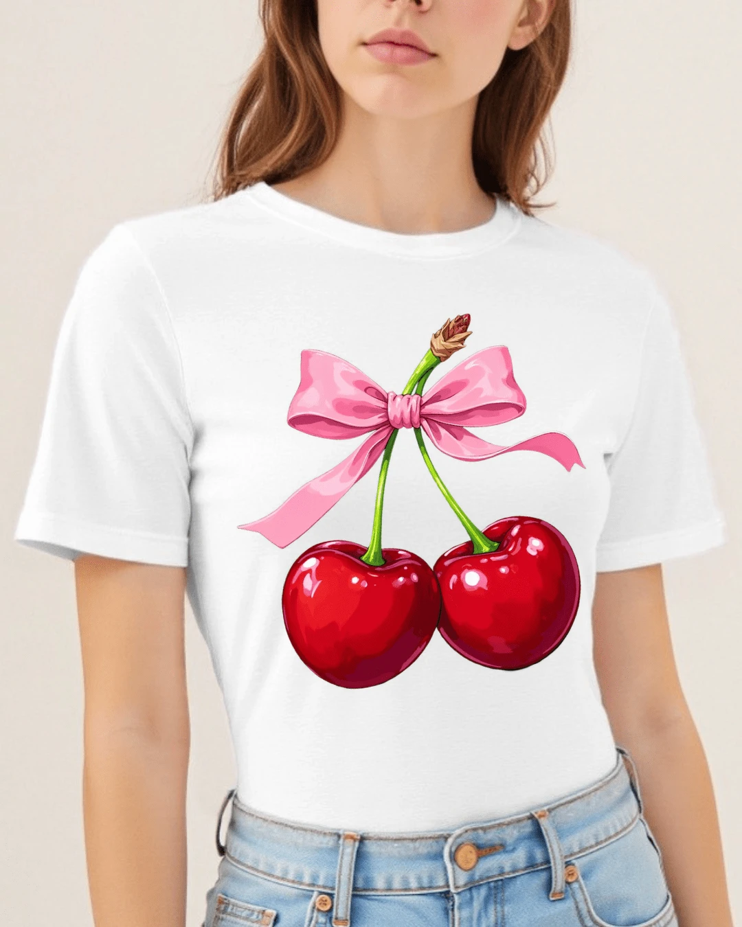 Camiseta Mujer Playera con Estampado frontal blusas gráficas Print enfrente | moño cerezas cherry - Blanco - Ver 1