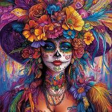 5D钻石画套装，亡灵节骷髅女人刺绣艺术，全钻圆形亚克力钻石DIY工艺品，马赛克手工墙饰，无框十字绣套装 - 彩色 - 查看 1
