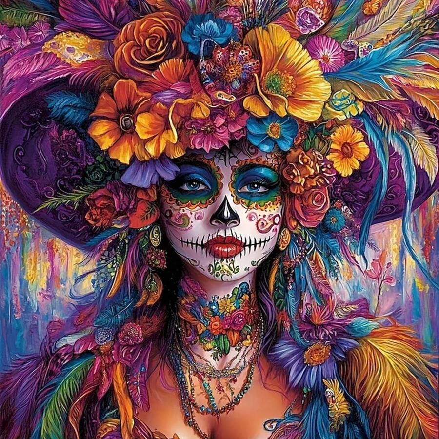 5D钻石画套装,亡灵节骷髅女人刺绣艺术,全钻圆形亚克力钻石DIY工艺品,马赛克手工墙饰,无框十字绣套装 - 彩色 - 查看 1