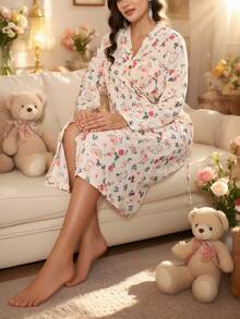 Damska sukienka-szlafrok w kwiaty – długi rękaw, dekolt w serek, miękka koszula nocna do domu i na jesień