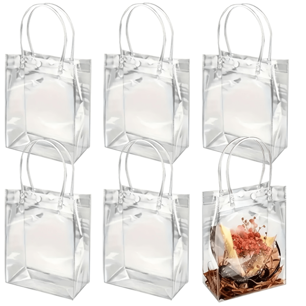 6/12/20pcs Transparent Plastic Gift Bags With Handles, 5.9 X 6.3 X 2.8 Inches (Approximately 15 X 16 X 7cm), Reusable Transparent PVC Gift Packaging Tote Bags, Suitable For Retail Halloween Christmas Boutique Wedding Birthday Children's Shower Party Gifts